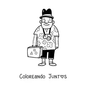 Imagen para colorear de una caricatura de un turista con camisa de flores, cámara y maleta