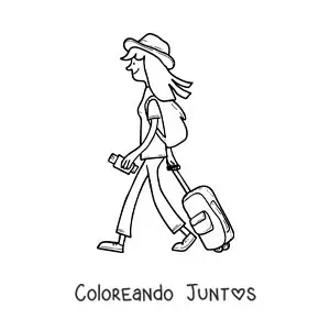 Imagen para colorear de una chica de viaje caminando con su equipaje