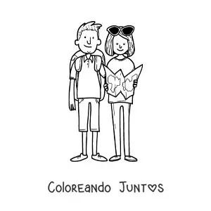 Imagen para colorear de una pareja de mochileros leyendo un mapa