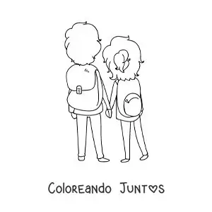Imagen para colorear de una pareja de mochileros de espaldas