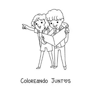 Imagen para colorear de una pareja kawaii de mochileros leyendo un mapa