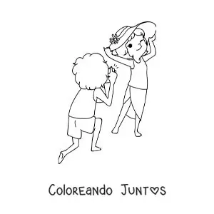 Imagen para colorear de una pareja kawaii de turistas tomando fotos en la playa