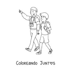 Imagen para colorear de un papá turista caminando con su hijo