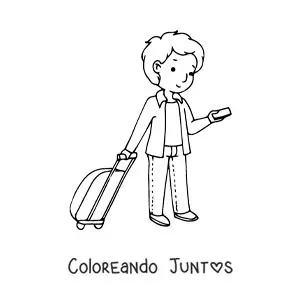 Imagen para colorear de un chico con maleta viendo su teléfono