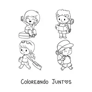 Imagen para colorear de turistas kawaii con su equipaje