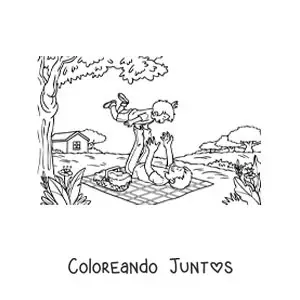 Imagen para colorear de un padre alzando a su hijo en un pícnic en la naturaleza