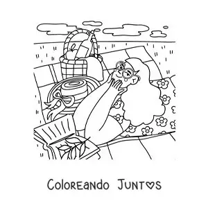 Imagen para colorear de una chica leyendo en un pícnic