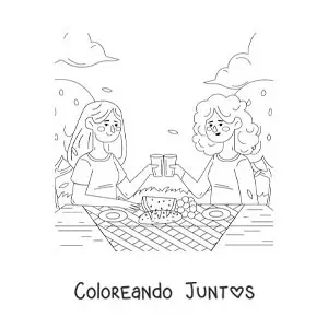 Imagen para colorear de dos chicas brindando en una mesa en un pícnic
