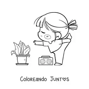 Imagen para colorear de una niña kawaii haciendo yoga con música