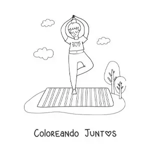 Imagen para colorear de una mujer haciendo la postura del árbol en un parque