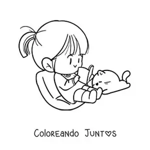 Imagen para colorear de una niña kawaii sentada leyendo un libro junto a su gato