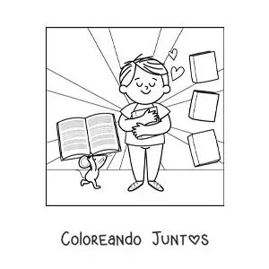 Imagen para colorear de un niño abrazando un libro junto a un ratón animado que le trae más libros