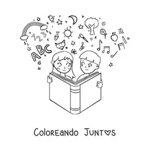 Imagen para colorear de dos niños leyendo un libro para aprender