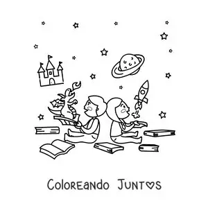 Imagen para colorear de dos niños sentados con libros abiertos que cobran vida