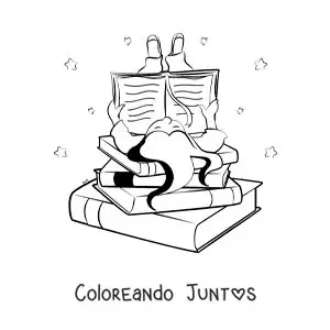 Imagen para colorear de una niña acostada sobre una pila de libros leyendo