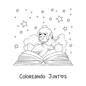 Imagen para colorear de una princesa abrazando a un ganso que sale de un libro abierto
