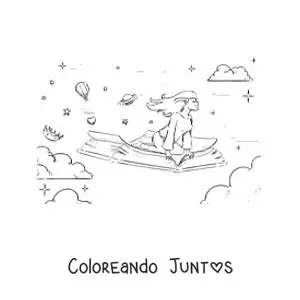 Imagen para colorear de una chica volando sentada sobre un libro abierto