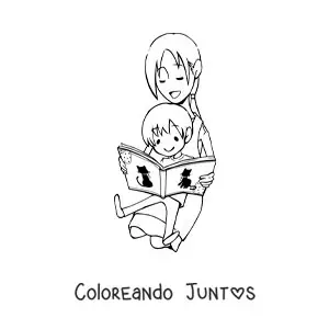 Imagen para colorear de una madre leyendo con su hijo sentado en sus piernas