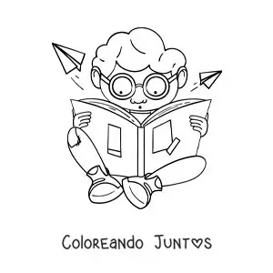 Imagen para colorear de un niño con lentes sentado leyendo asombrado