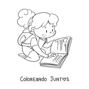 Imagen para colorear de una niña con una mochila leyendo sentada en el piso