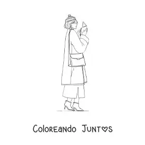 Imagen para colorear de una mujer con abrigo leyendo mientras camina