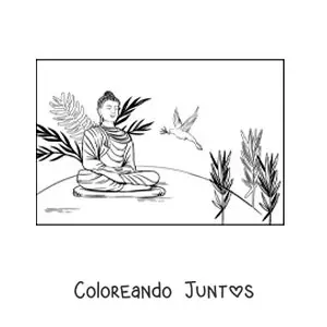 Imagen para colorear de buddha sentado meditando junto a una paloma