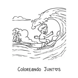 Imagen para colorear de un niño surfeando en la playa