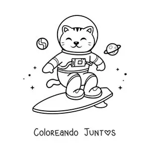 Imagen para colorear de un gato astronauta animado surfeando en el espacio