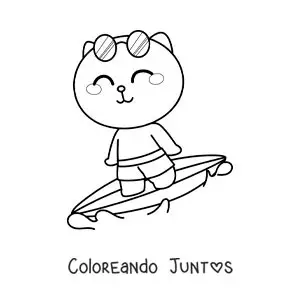 Imagen para colorear de un gato animado surfeando con lentes