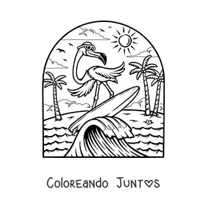 Imagen para colorear de un flamingo animado surfeando en la playa