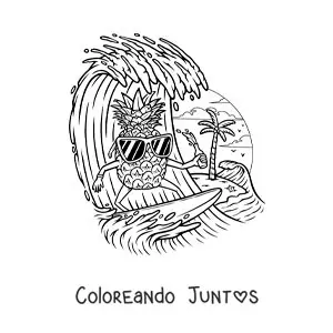 Imagen para colorear de una piña animada surfeando en la playa