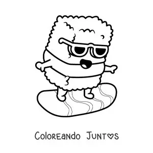Imagen para colorear de un roll de sushi animado surfeando en la playa