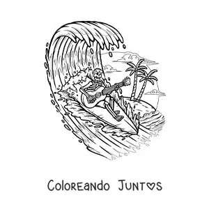 Imagen para colorear de un esqueleto tocando la guitarra mientras surfea en la playa