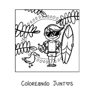 Imagen para colorear de un chico surfista en la playa con lentes de sol y una botella
