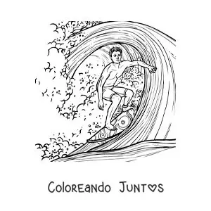 Imagen para colorear de un chico surfeando una ola en estilo realista