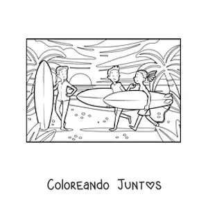 Imagen para colorear de un grupo de jóvenes surfistas en la playa