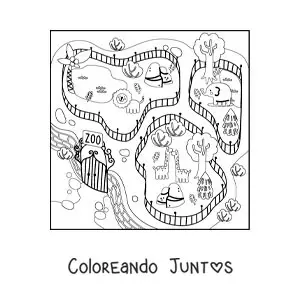 Imagen para colorear de un zoológico con jirafas, elefantes y leones