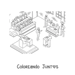 Imagen para colorear de una escena con un juez y un abogado en un juicio