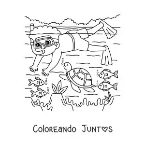 Imagen para colorear de un niño buceando en el fondo del mar con peces y una tortuga