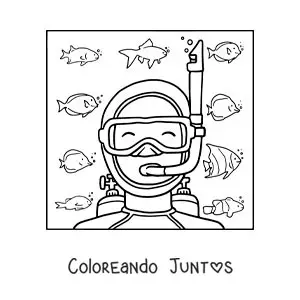 Imagen para colorear de un buzo en el fondo del mar rodeado de peces