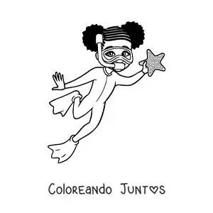 Imagen para colorear de una niña buceando encontrando una estrella de mar