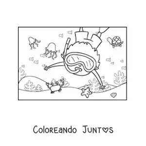 Imagen para colorear de un niño buceando en el fondo del océano con cangrejos y medusas