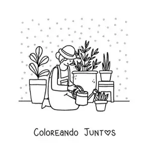 Imagen para colorear de una chica regando sus plantas en casa