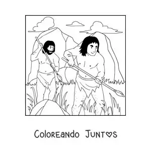 Imagen para colorear de dos hombres de la prehistoria cazando con lanza