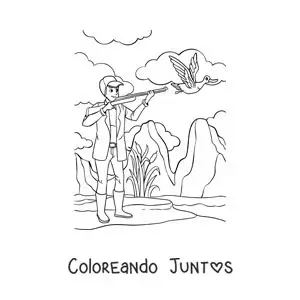 Imagen para colorear de un cazador apuntando a un pato en la naturaleza