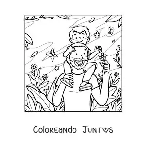 Imagen para colorear de un padre paseando por el parque con su hijo sentado en sus hombros
