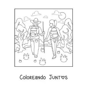 Imagen para colorear de una pareja haciendo senderismo