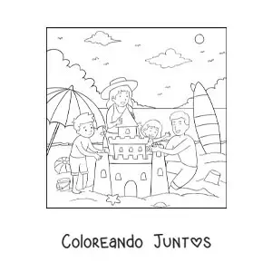 Imagen para colorear de una familia construyendo un castillo de arena en la playa