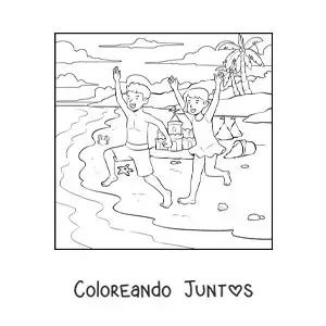 Imagen para colorear de una niña y su hermano de paseo en la playa