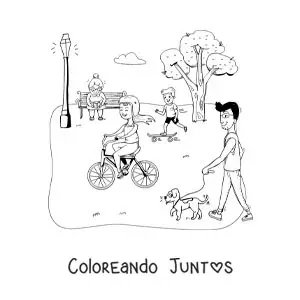 Imagen para colorear de personas de todas las edades paseando en el parque